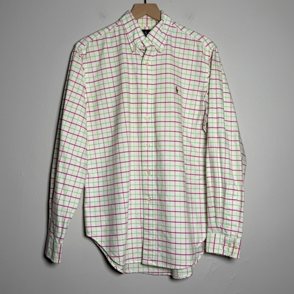 Ralph Lauren Mens Cotton Button Down Shirt 15.5 34/35 White Pink Green Plaid